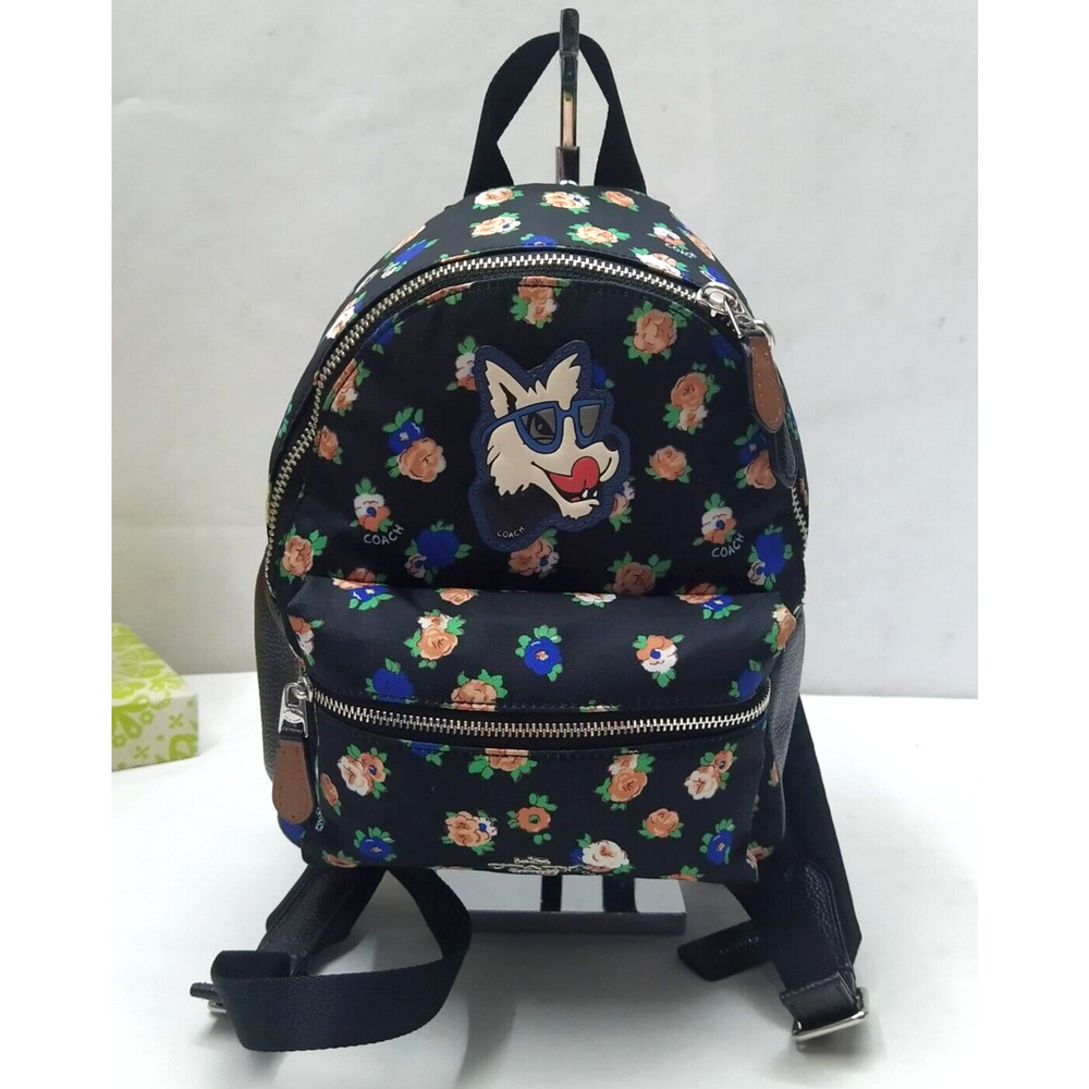 Coach Mini Charlie Tea Rose Floral Printed Nylon Zipper Backpack - Picture 1 of 13